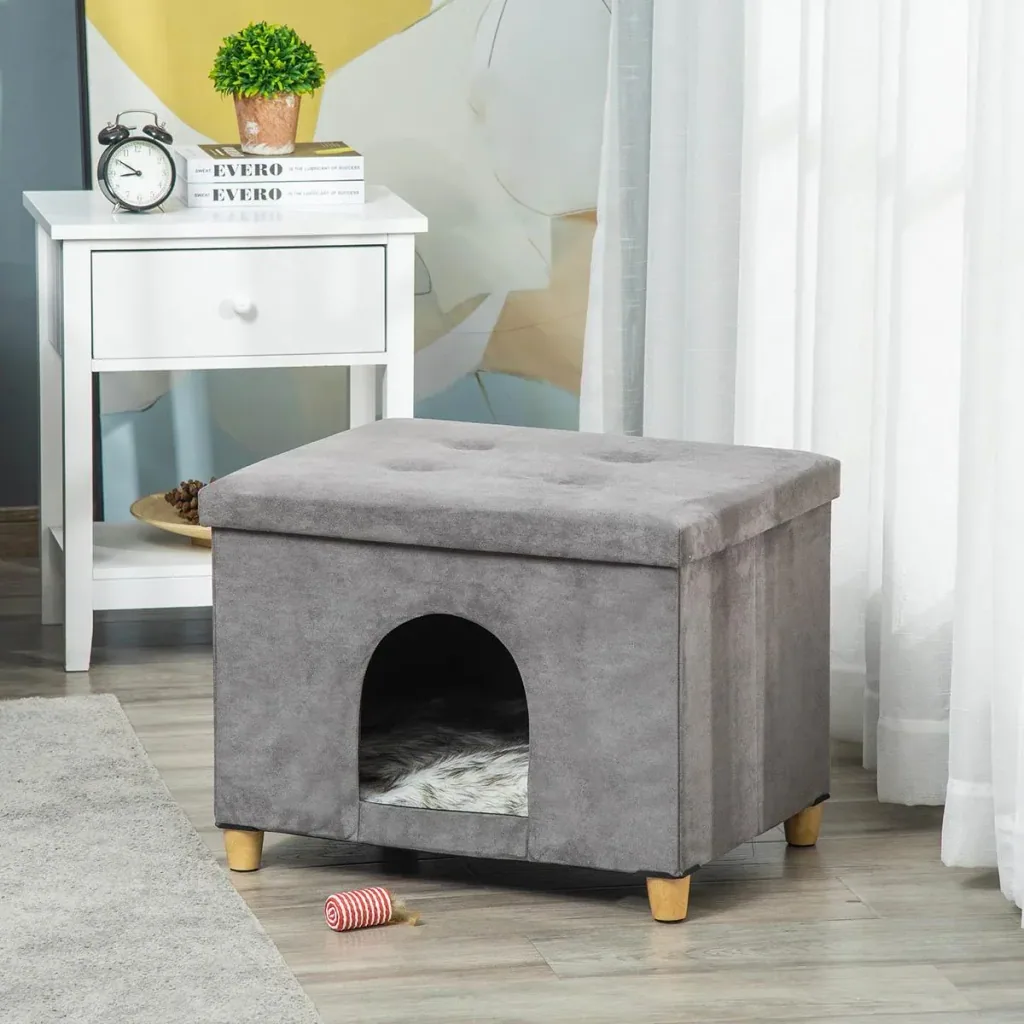 2-in-1 Cat House and Ottoman - Grey - 60 x 45 x 44.5 cm