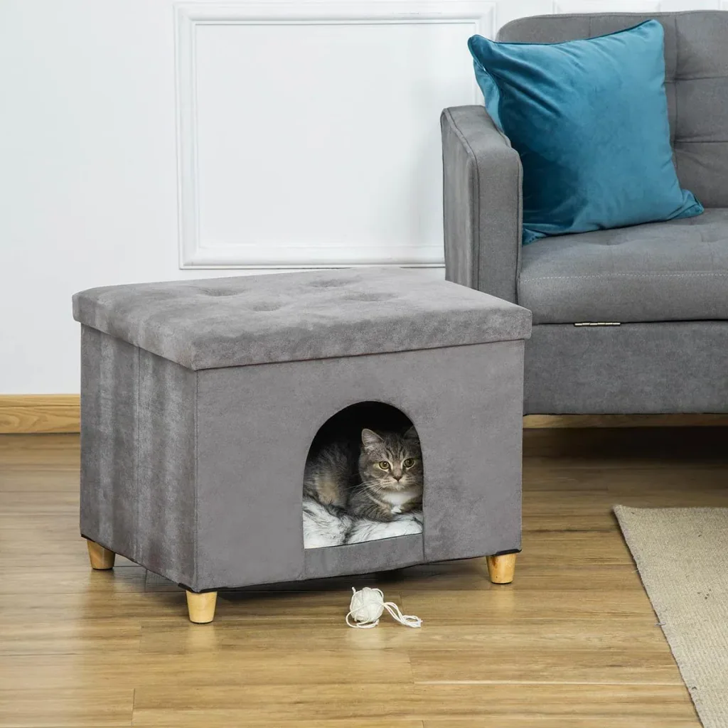 2-in-1 Cat House and Ottoman - Grey - 60 x 45 x 44.5 cm
