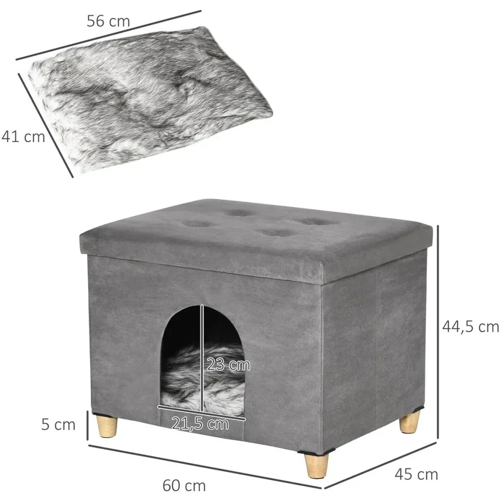 2-in-1 Cat House and Ottoman - Grey - 60 x 45 x 44.5 cm