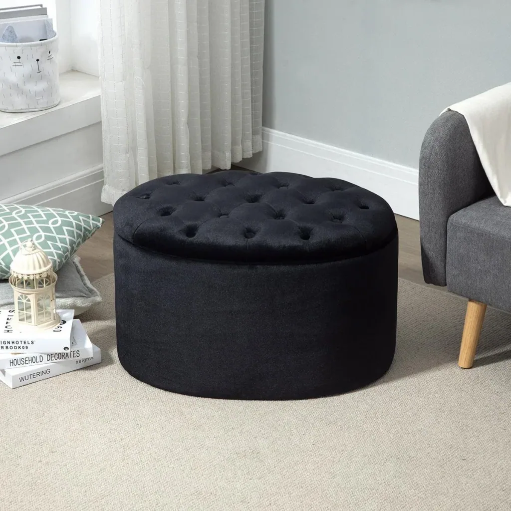 Bench Upholstered bench with storage space Chest bench Oval shape Hallway Bedroom Living room Velvety polyester Rubberwood Sch