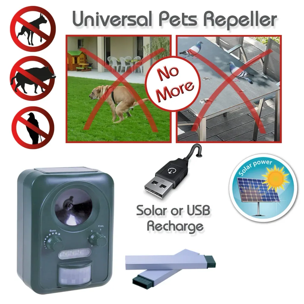 Solar universal animal deterrent with ultrasound & flash light