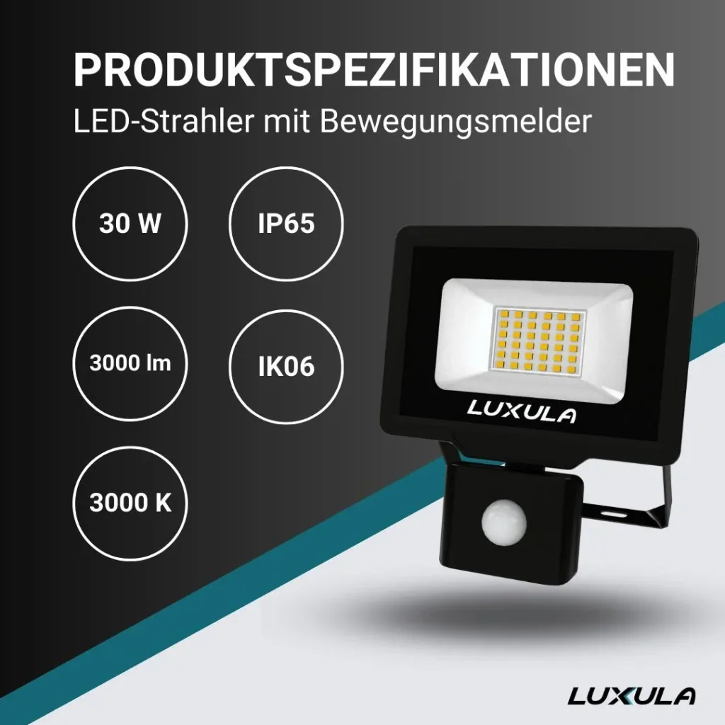 LED floodlight in black with motion detector offers 30 W, 3000 K (warm white), 3000 lm & IP65 protection