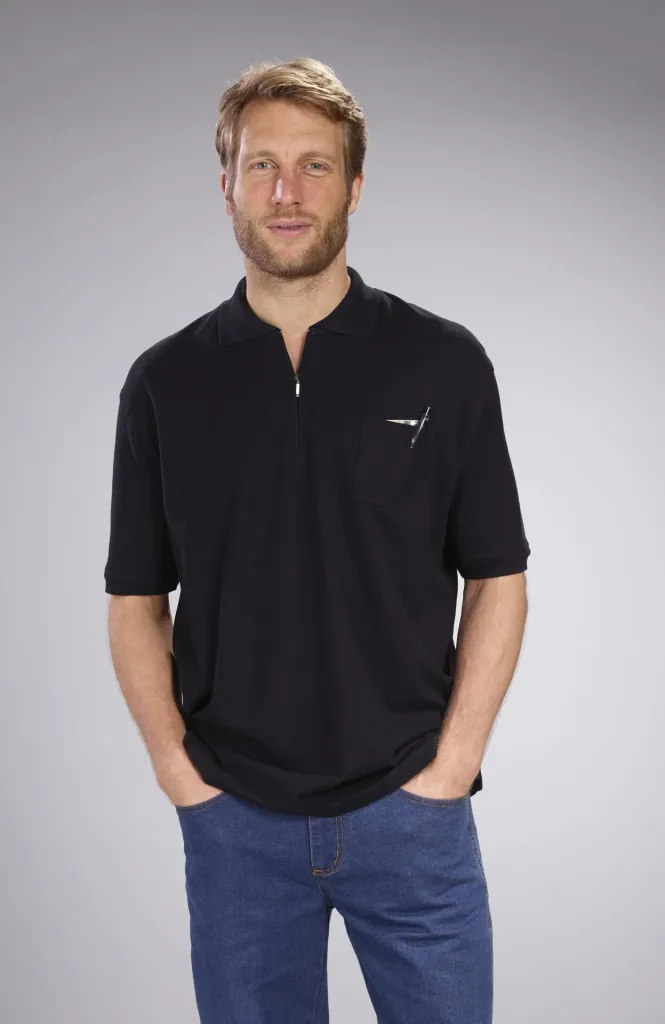Polo shirt with zip, black, size M