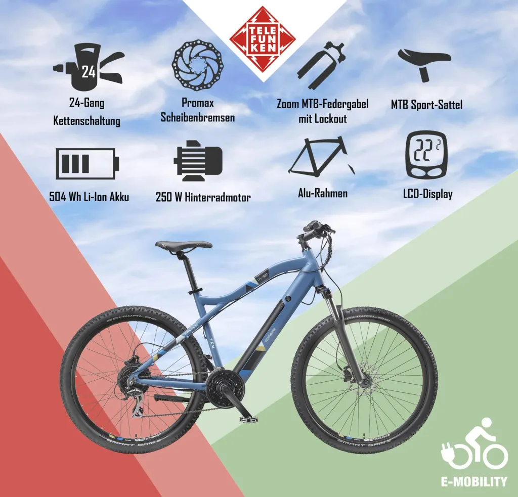 Unisex aluminum MTB E-Bike, 29 inches, 24-speed derailleur, blue, entry-level M922 hardtail