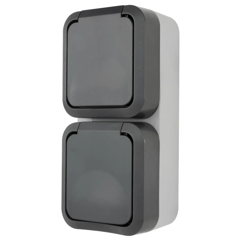 Surface-mounted damp-proof socket outlet with hinged cover, 2-way, vertical IP55