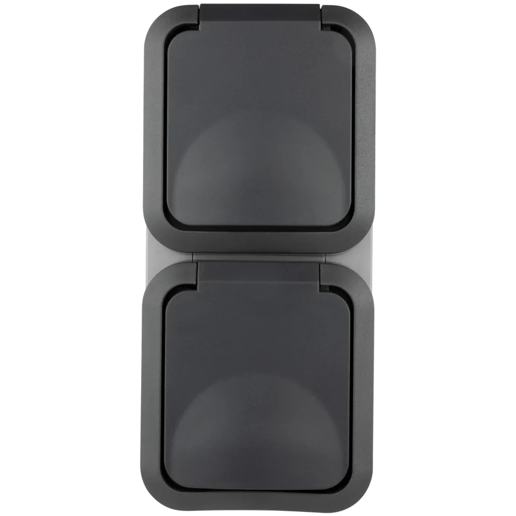 Surface-mounted damp-proof socket outlet with hinged cover, 2-way, vertical IP55