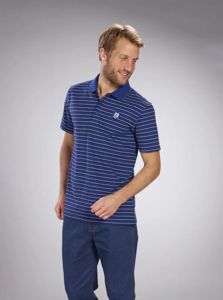 Button-down polo shirt, royal blue striped, size M