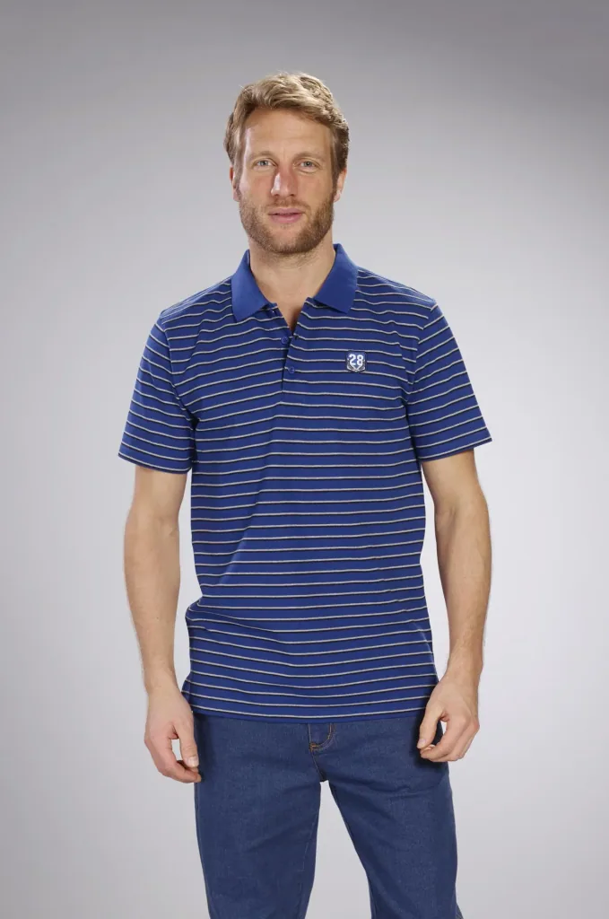 Button-down polo shirt, royal blue striped, size M