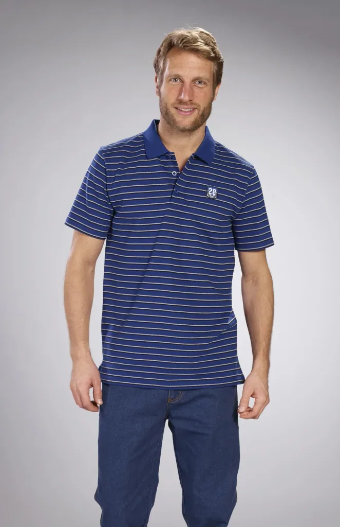 Button-down polo shirt, royal blue striped, size M