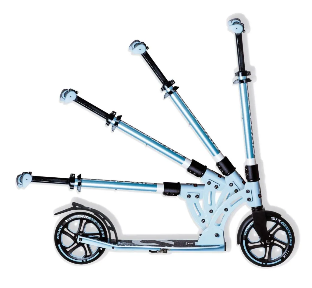 Aluminum scooter with folding mechanism, stand, 205 mm, ABEC 7, height adjustable, pastel blue