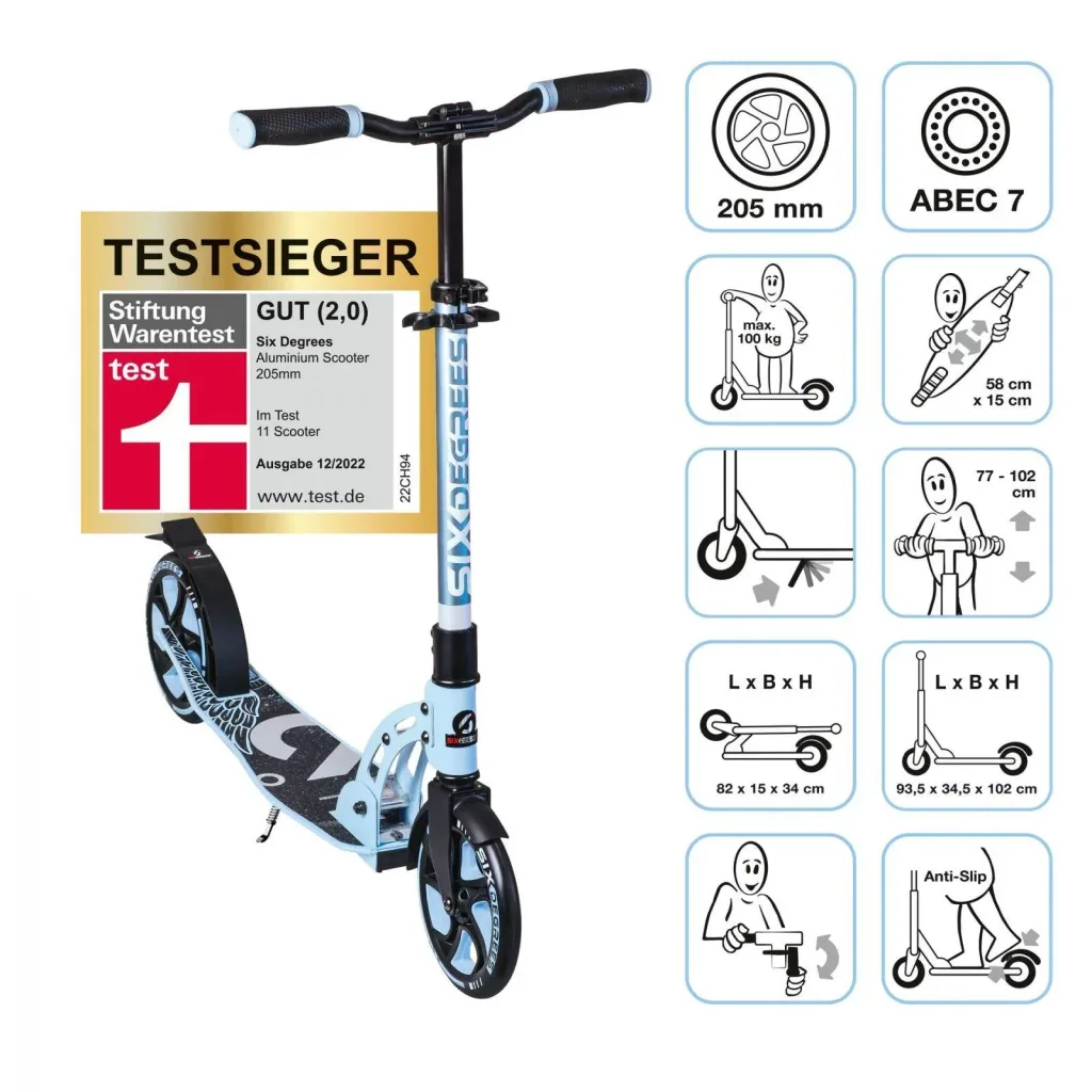 Aluminum scooter with folding mechanism, stand, 205 mm, ABEC 7, height adjustable, pastel blue