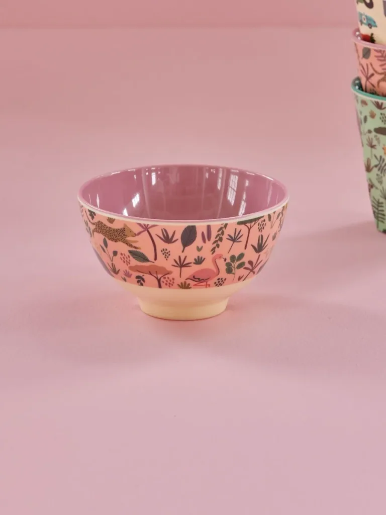 Zestaw miska i talerz RICE, melamina, średnica 21 cm, kolor Coral, z nadrukiem dzikich zwierząt