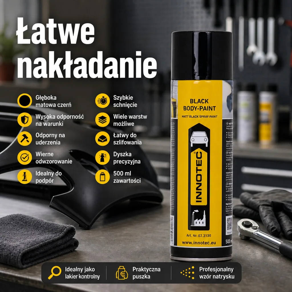 Czarny matowy lakier w sprayu, lakier czarny mat, 500 ml