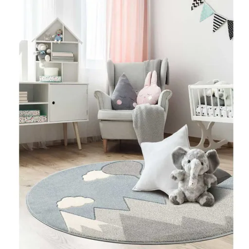 Scandic Living Kids Rug Round Mountains & Balloon szary