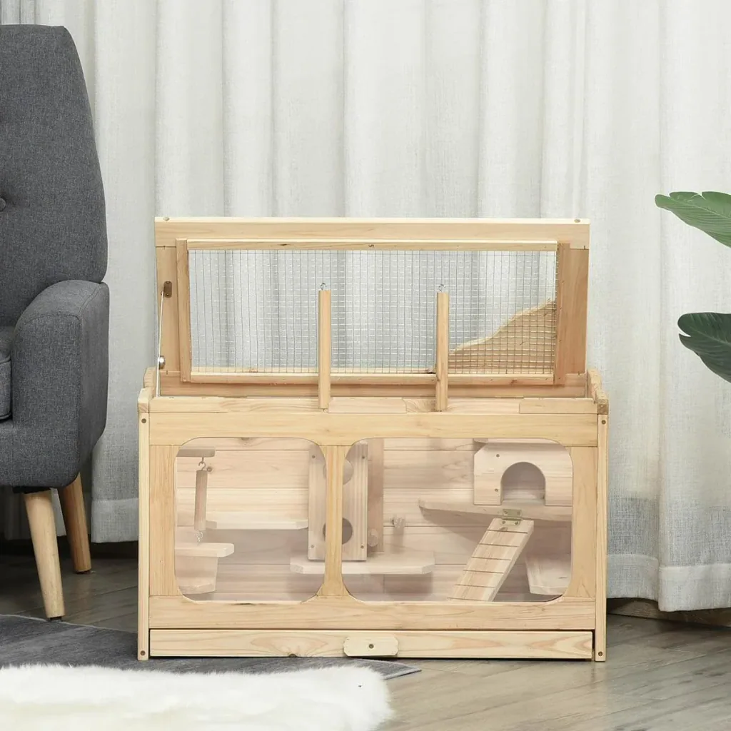 Hamster cage wooden rodent cage mouse cage with ramp swing rodent villa top hinged solid wood PS natural 78 x 40 x 44
