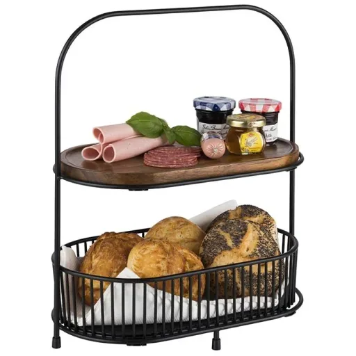 Etagere, 2-tier, "ALL-ROUNDER": metal frame, 2 metal baskets, 2 acacia wood serving boards