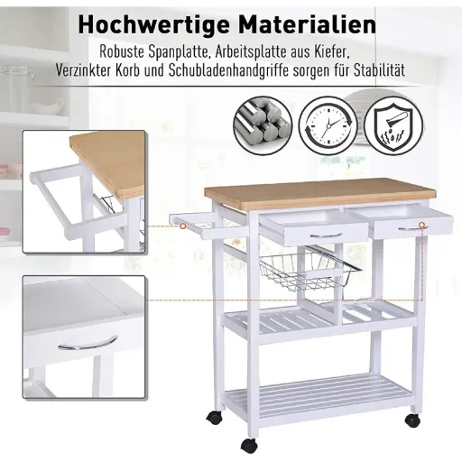 Serving trolley kitchen trolley kitchen trolley with wheels basket drawers made of white wood