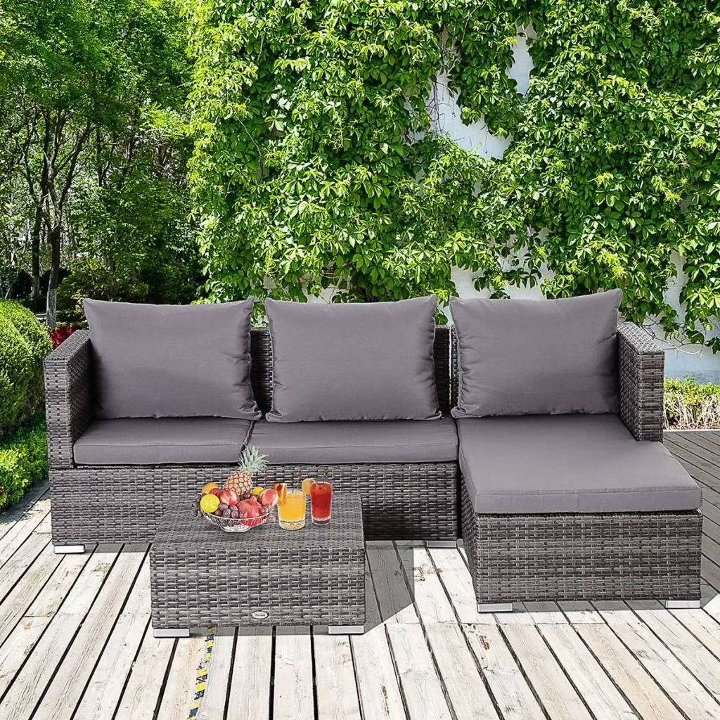Three-piece garden furniture set, sofa, side table with storage space, 5-step backrest, PE rattan, grey, (sofa) 130 x 64 x