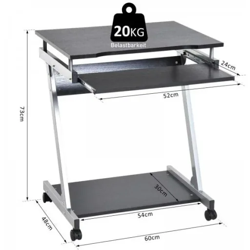 Desk computer desk office table rollable with keyboard drawer chipboard, steel black