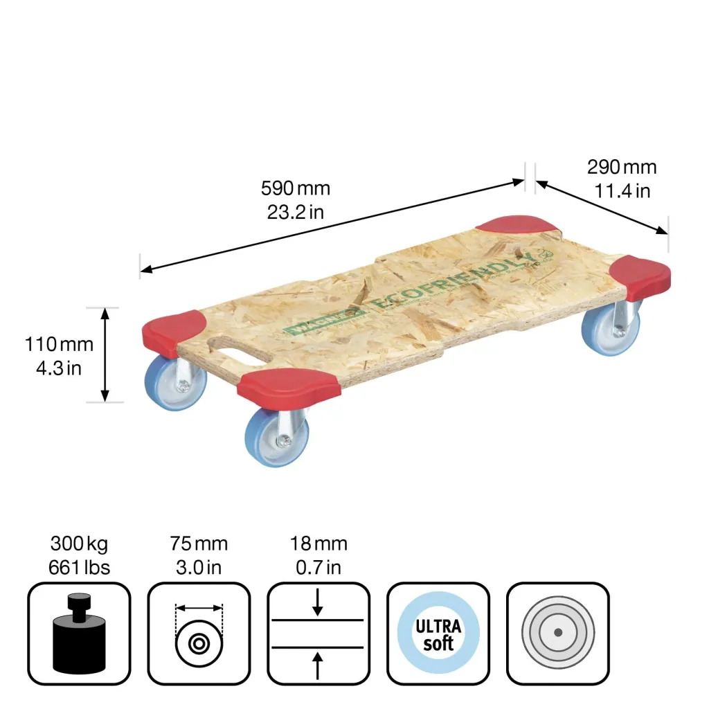 Transport aid MM 1322, 59 x 29 x 11 cm, soft castors Ø 75 mm, plain bearings, OSB board, CO2-neutral, load capacity 250 kg