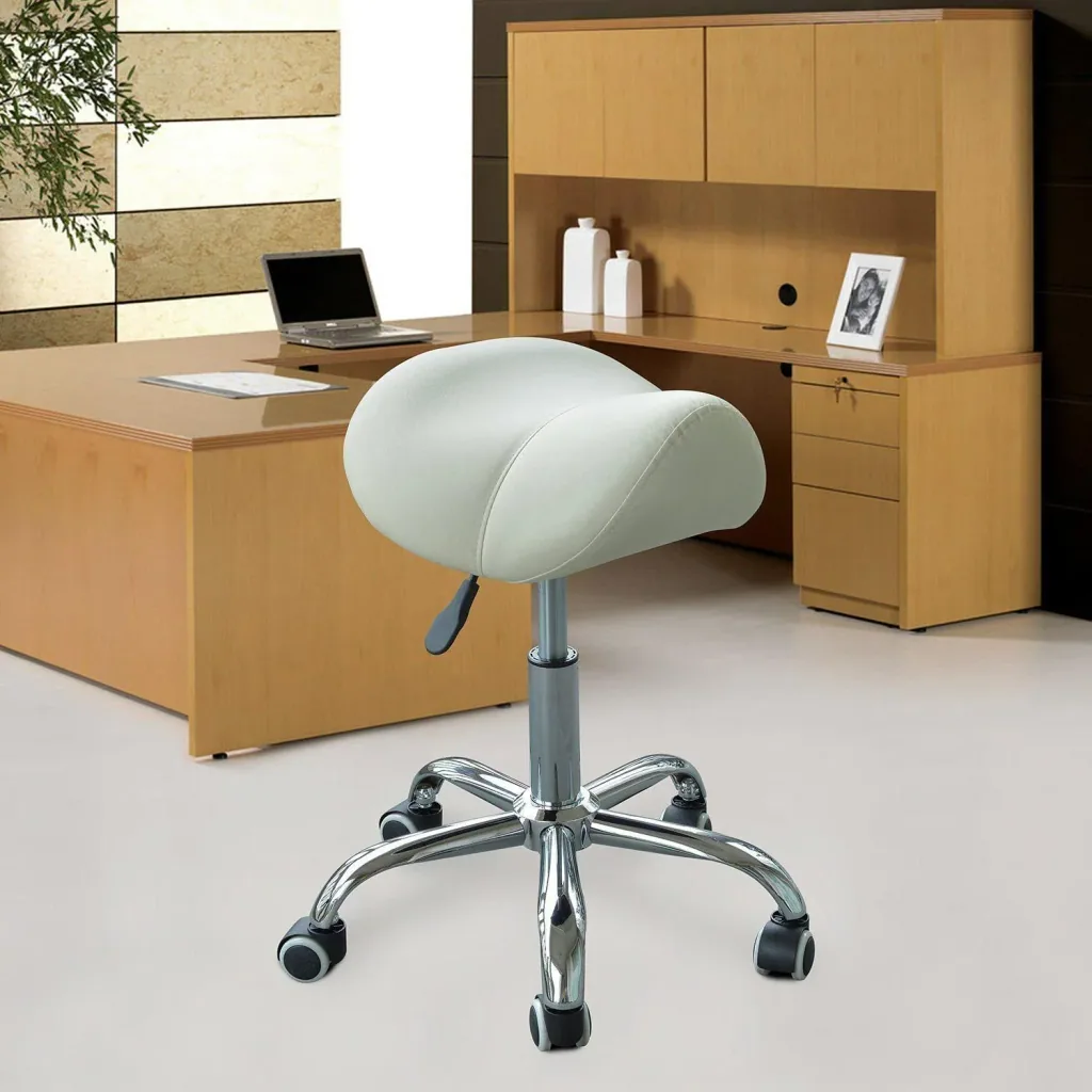 Saddle stool - rolling stool padded height adjustable beige