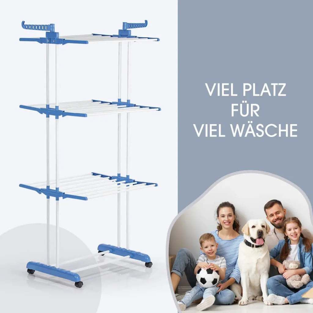 Clothes rack, with 3 levels and 2 side wings, foldable, drying area 17.5 meters, 63 x 76 x 173 cm