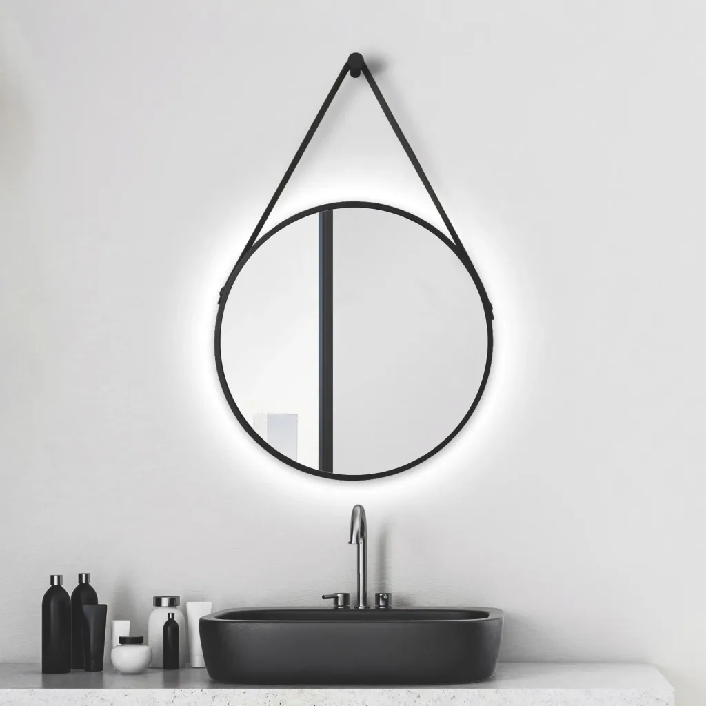 Decorative round wall mirror with indirect LED lighting in matt black Ø 50 cm