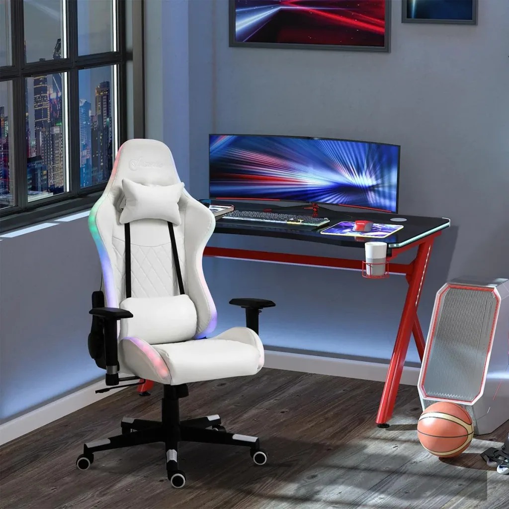 Gaming chair with RGB LED lighting ergonomic with cushion backrest adjustable white+black 68 x 68 x 126-136 cm
