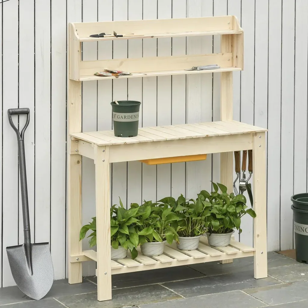 Planting table with hooks gardening table flower table made of fir wood plastic for garden terrace adjustable work surface
