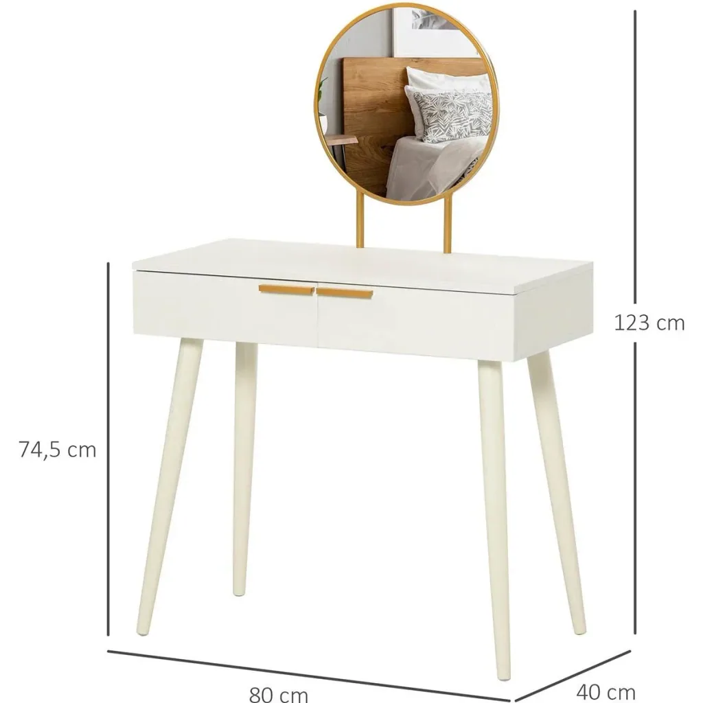Dressing table, modern cosmetic table with mirror, drawer, bedroom, wood, white, 80 x 40 x 123 cm