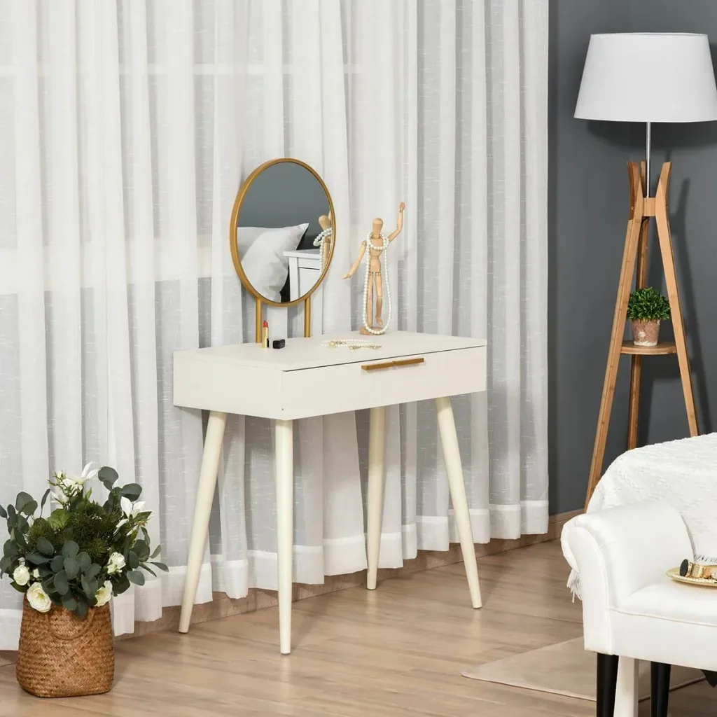 Dressing table, modern cosmetic table with mirror, drawer, bedroom, wood, white, 80 x 40 x 123 cm