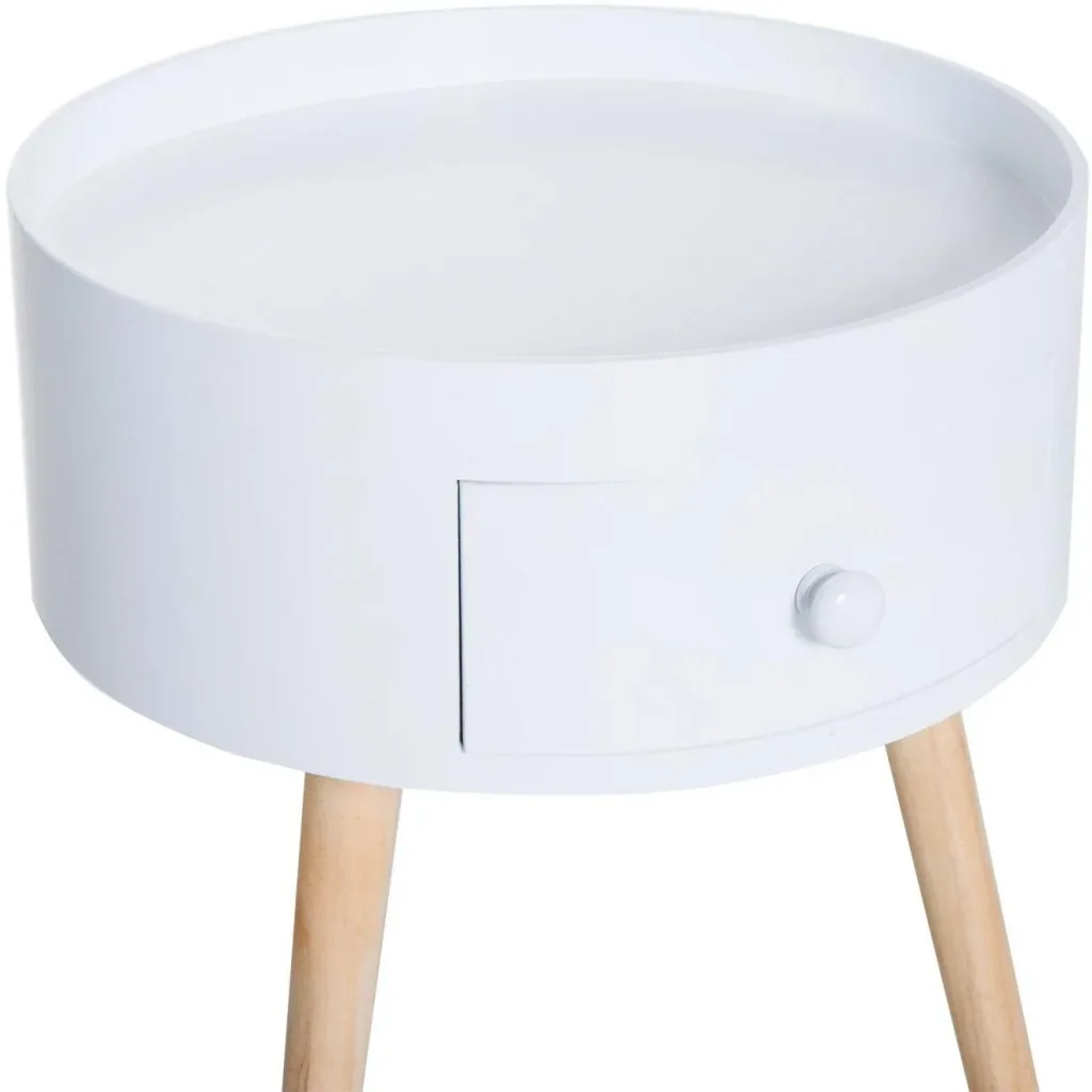 Round coffee table with drawer, white wood