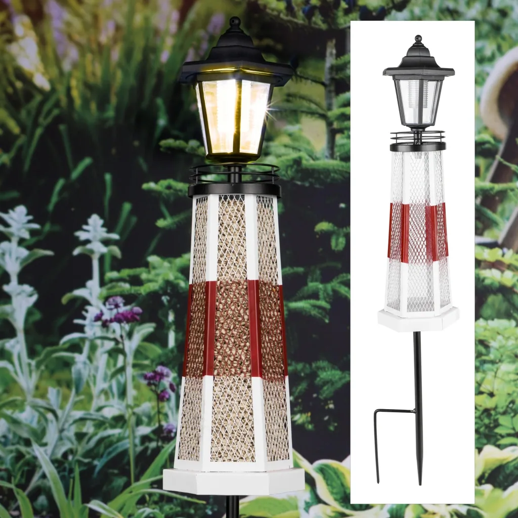 LED solar lighthouse with feeding station