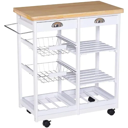 Kitchen trolley with basket, drawer, wine rack