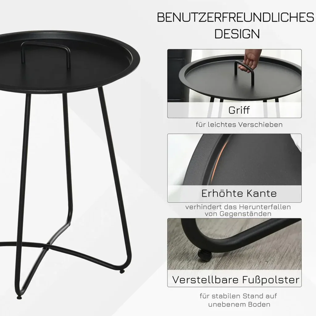 Side table for garden coffee table with carrying handle living room metal black Ø46 x 56H cm
