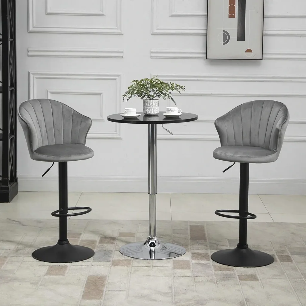 Set of 2 bar stools, swivel bar chairs with backrest, velvet touch, height adjustable, armless foam, grey, 51.5 x 57.5 x 93-114