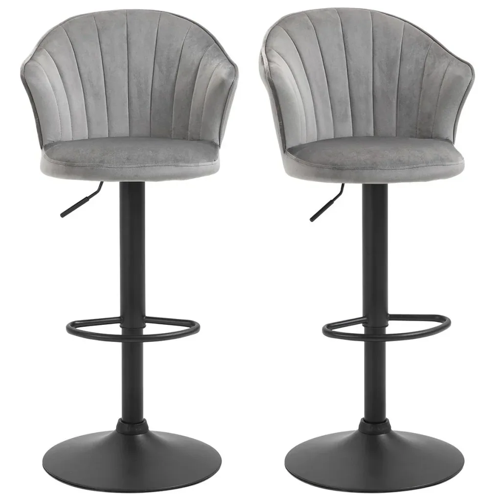 Set of 2 bar stools, swivel bar chairs with backrest, velvet touch, height adjustable, armless foam, grey, 51.5 x 57.5 x 93-114