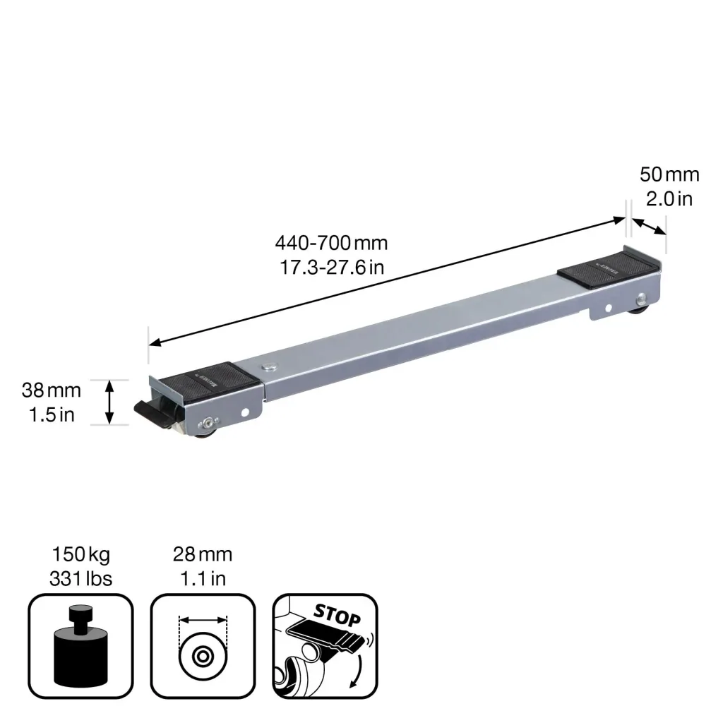 Transport rail MM 1197 2-part, 45-70 cm, extendable, 4 fixed castors Ø 30 mm, brake, load capacity 150 kg