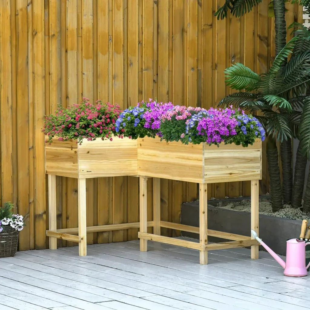 Raised bed wooden planter with irrigation system nonwoven flower box flowerpot herb bed natural 121 x 91 x 81 cm