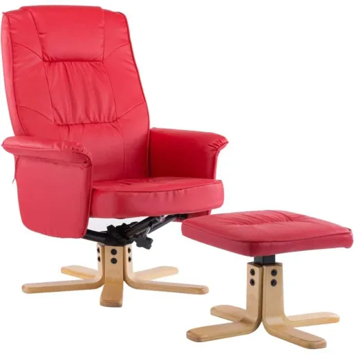 Armchair with footstool faux leather red