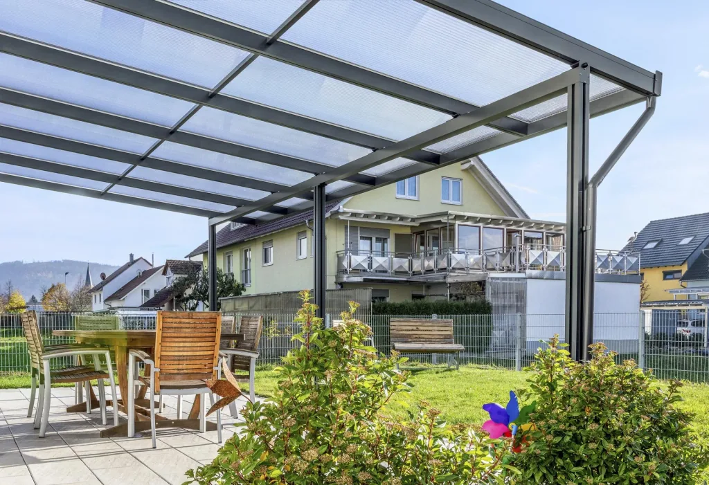 Patio roof Premium, anthracite, 6110 x 4060 mm - Polycarbonate multi-wall sheets 16 mm, clear