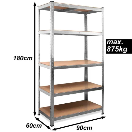 Heavy-duty metal storage rack / shelving unit, 5 shelves 875kg load capacity 180x90x60 cm 175kg per shelf