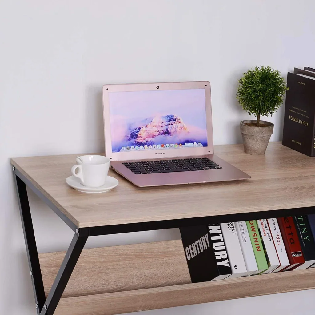 Desk computer table laptop table office table 1 x shelf wood + metal natural + black 120 x 60 x 76 cm