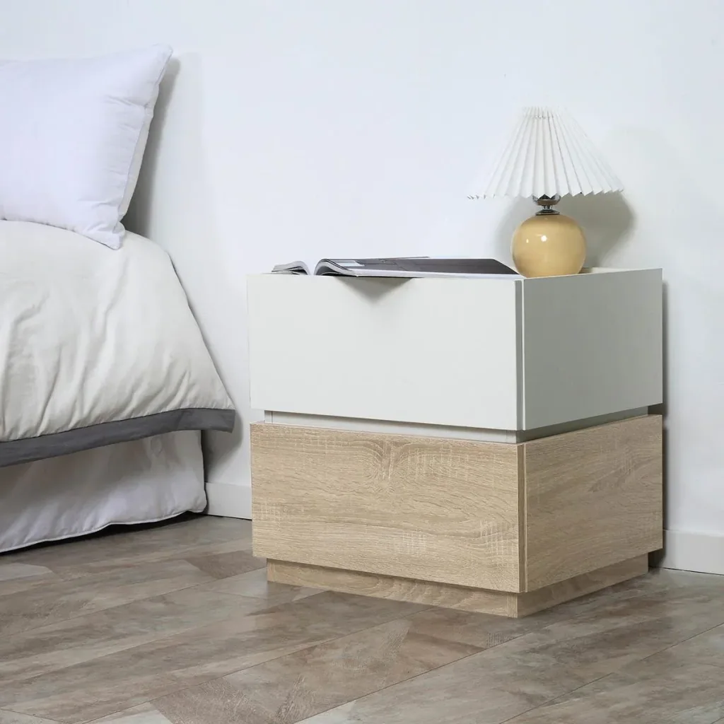 Bedside table with drawer, stackable bedside table, drawer cabinet, bedroom bedside table, chipboard white + natural 50 x 4
