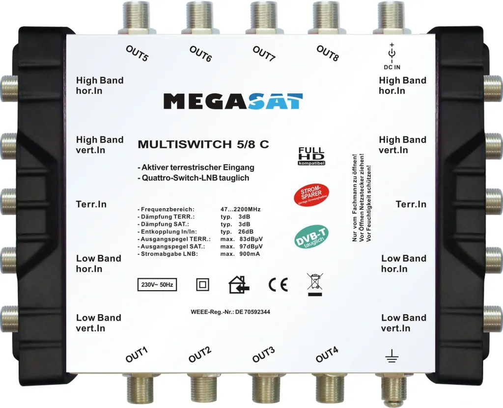 Multiswitch 9/16 C - Expandable system. Suitable for 2 satellites and up to 16 participants per multiswitch.