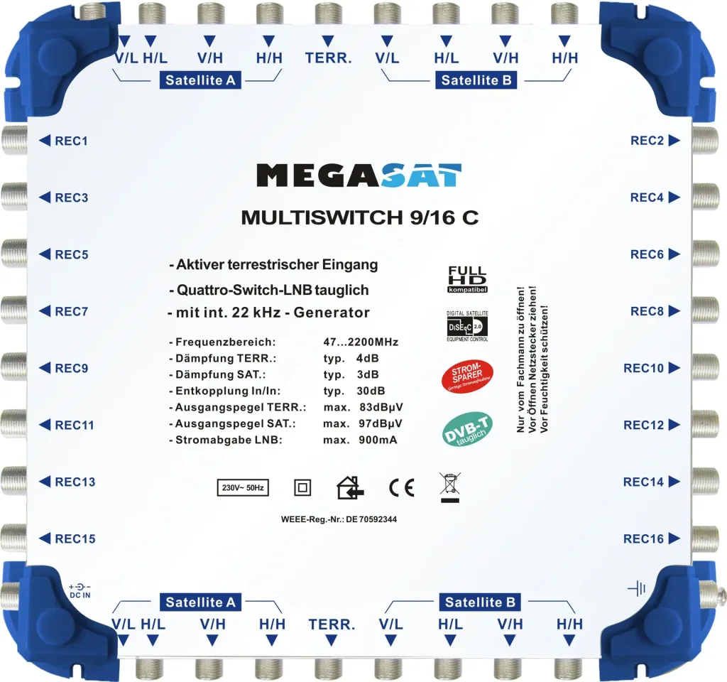Multiswitch 9/16 C - Expandable system. Suitable for 2 satellites and up to 16 participants per multiswitch.
