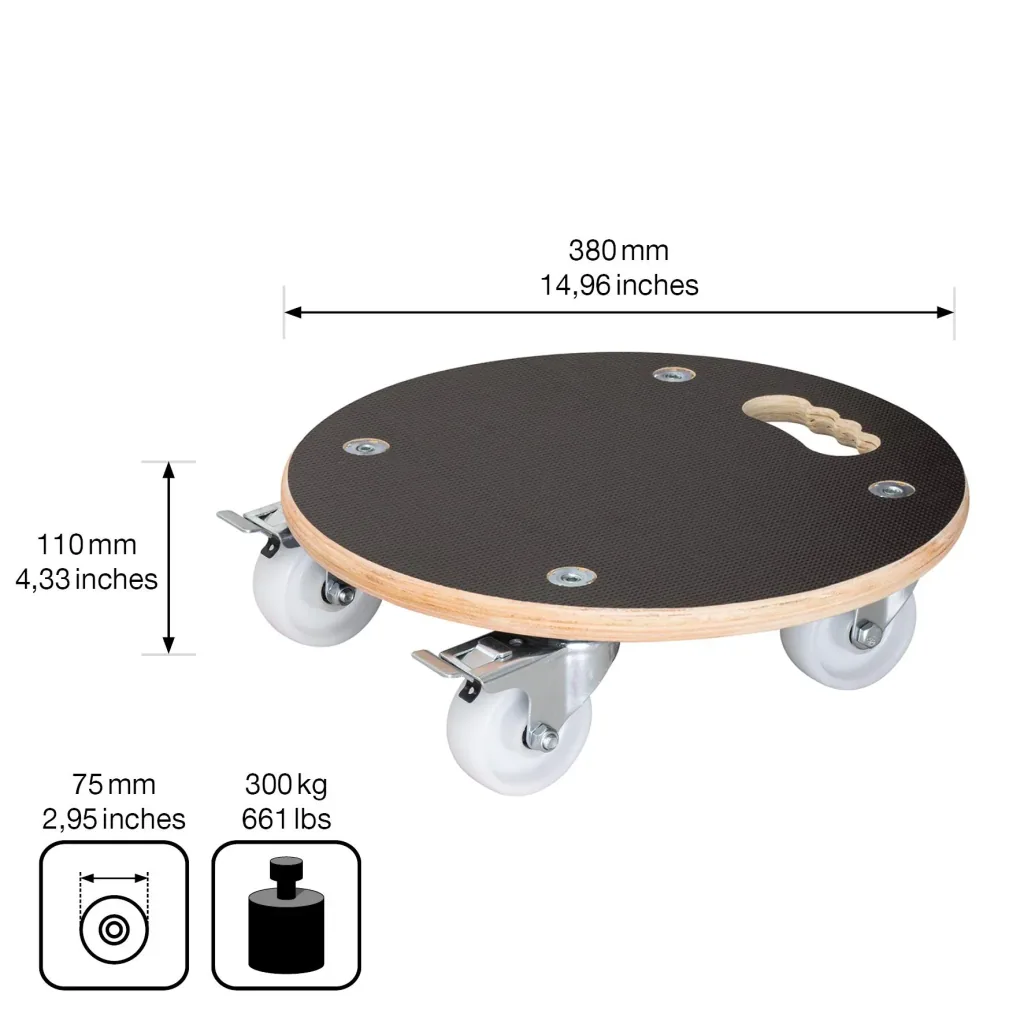 Multi Roller MR 1107, Ø 38 x 11 cm, hard wheels Ø 75 mm, roller bearings, 2 brakes, FSC® plate, load capacity 300 kg