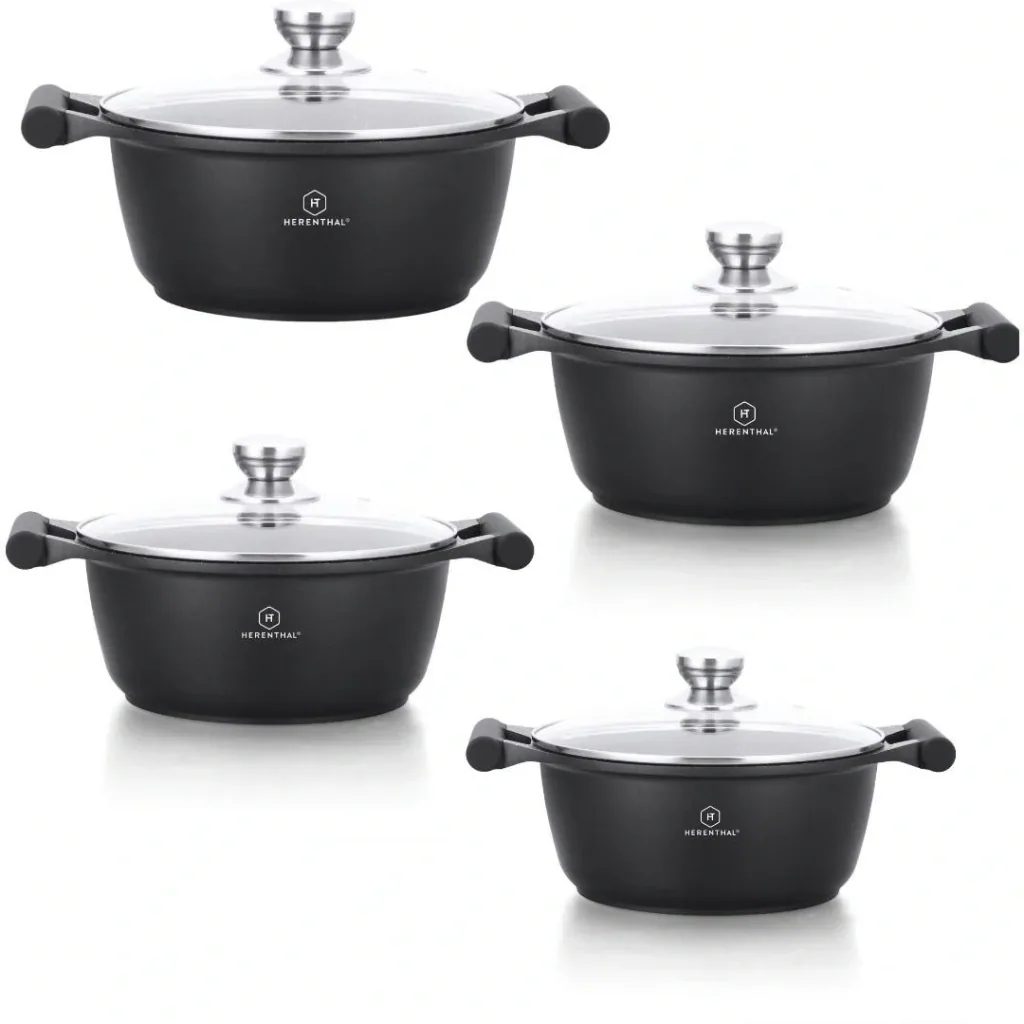 Herenthal 4-piece cookware set - Sauté pan - 24cm, 26cm, 28cm, 30cm - Marble coating - with glass lid