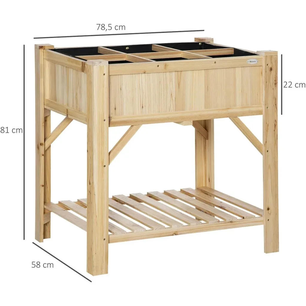 Raised bed wood with 6 separate growing areas planting table flower box nonwoven fabric natural 78.5 x 58 x 81 cm