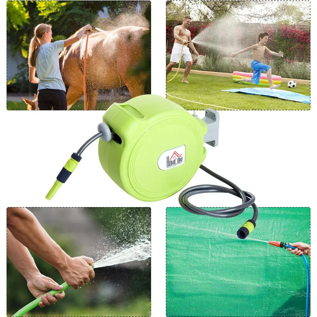 Hose reel hose box garden hose holder wall mounting automatic 180° swivel green 20 m